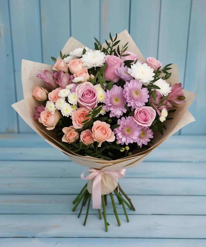 Букет цветов из: Хризантемы, Розы и Альстромерии в Поселок дачного хозяйства Жуковка