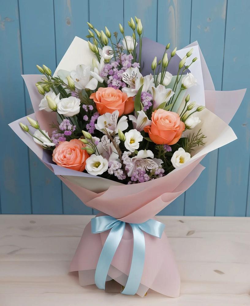 Букет цветов из: Лизиантусы, Розы, Альстромерии и Гипсофила в Поселок дачного хозяйства Жуковка