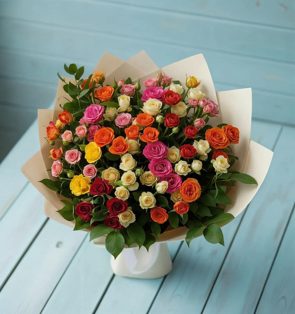 Букет Микс из разноцветных кустовых роз в Поселок дачного хозяйства Жуковка