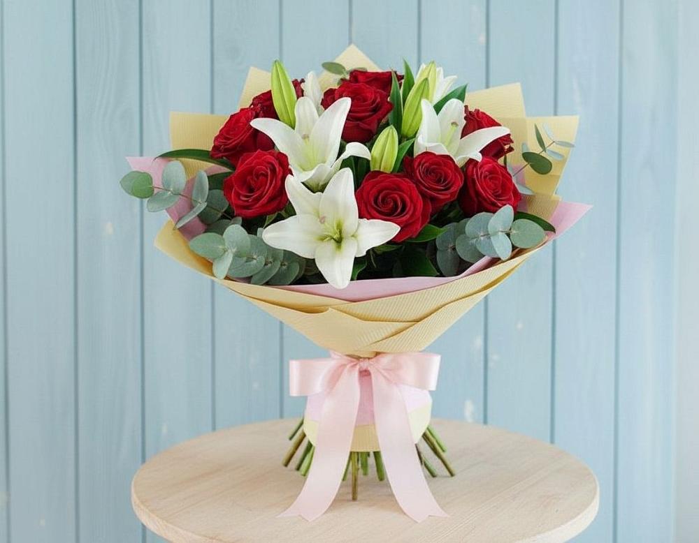 Букет цветов из: Лилии и Розы в Поселок дачного хозяйства Жуковка