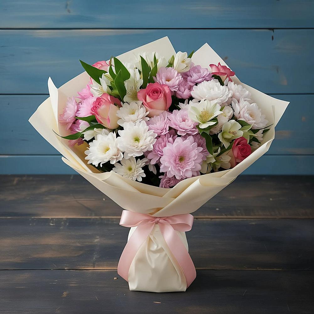 Букет цветов из: Хризантемы, Альстромерии и Розы в Поселок дачного хозяйства Жуковка